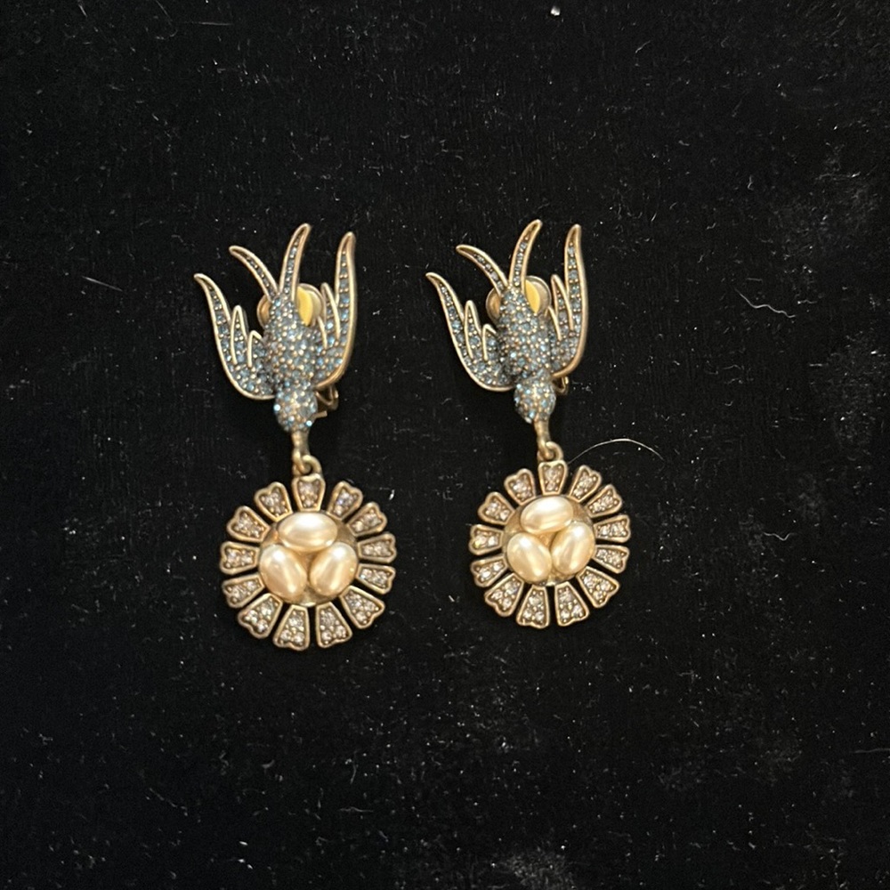 Vintage Rhinestone Faux Pearl Bird Earrings